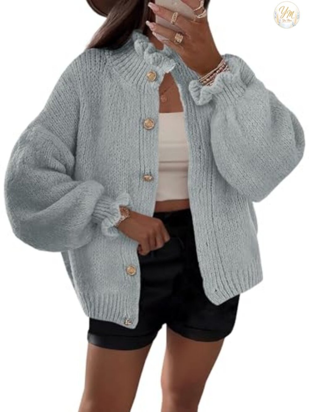 Womens Ruffle Cardigan Oversized Button Up Ribbed Knit Open Front Long Sleeve